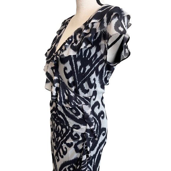 Anthropologie Weston Wear V-Neck Ruffle Dress Black & Gray Abstract Print Medium - Picture 5 of 9
